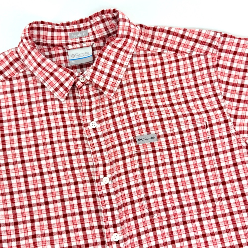 Columbia Seersucker Shirt Mens M Red & White Windowpane Plaid Short Sleeve